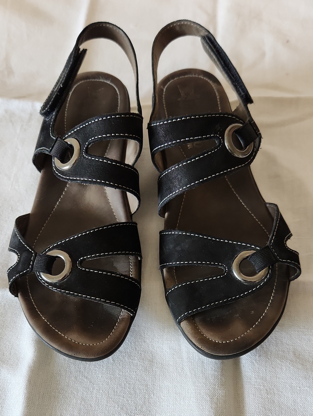 Mephisto Black Leather Slingback Sandals with Silver Ring Accents